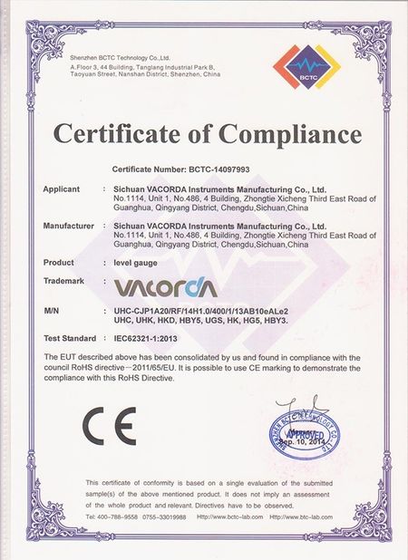 Porcellana Sichuan Vacorda Instruments Manufacturing Co., Ltd Certificazioni